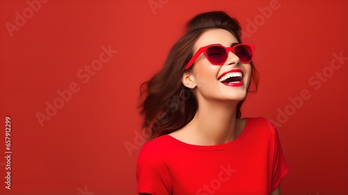 Smiling Young Woman in Red Sunglasses - Fashion Portrait