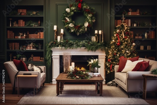 A beautifully decorated living room with Christmas banners, wreaths, and lights. Generative Ai