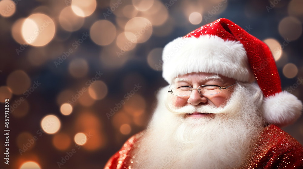 Smiling Santa Claus with glasses on an out of focus background with bokeh effect lights, Portrait of Santa Claus, Generative AI Smiling Santa Claus with glasses on an out of focus background with bokeh effect lights, Portrait of Santa Claus, Generative AI