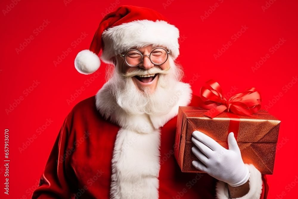 Smiling Santa Claus with gifts in his hands on a red background, Portrait of Santa Claus, Generative AI Smiling Santa Claus with gifts in his hands on a red background, Portrait of Santa Claus, Generative AI