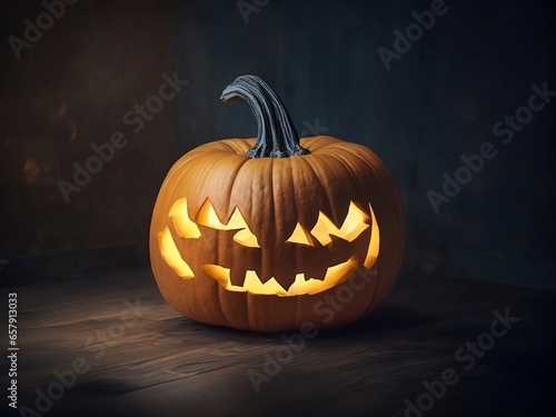 Halloween pumpkin head jack lantern on dark.