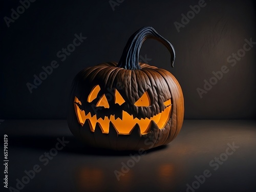 Halloween pumpkin head jack lantern on dark.