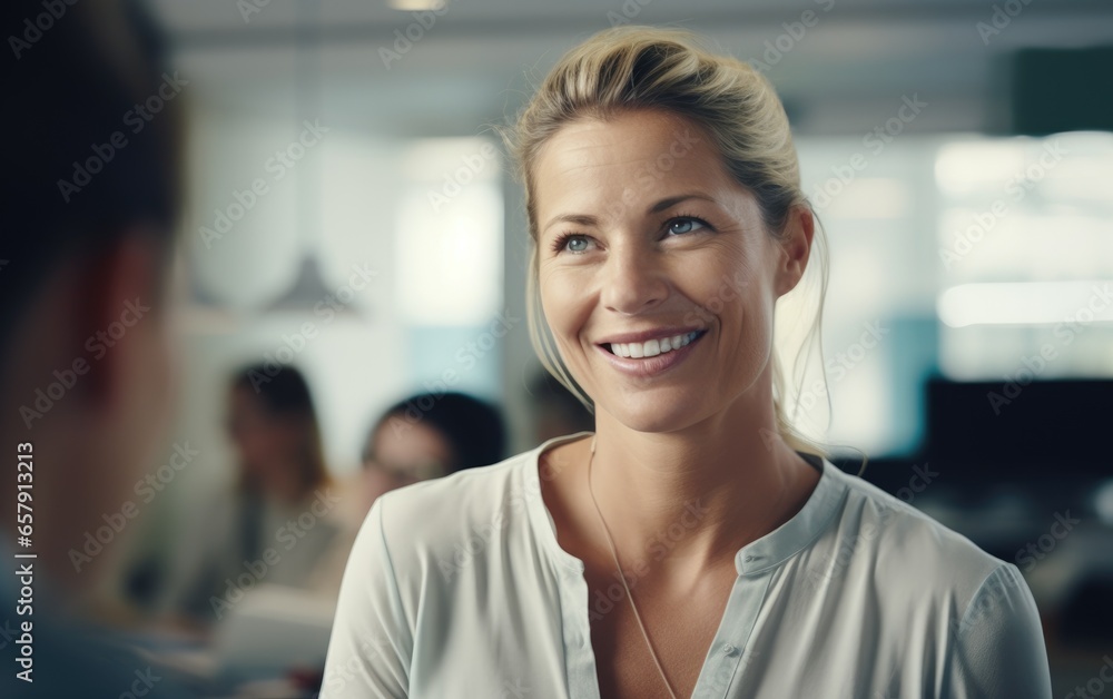 A smiling woman as she is speaking to a customers, modern office environment as a background. Generative AI A smiling woman as she is speaking to a customers, modern office environment as a background. Generative AI