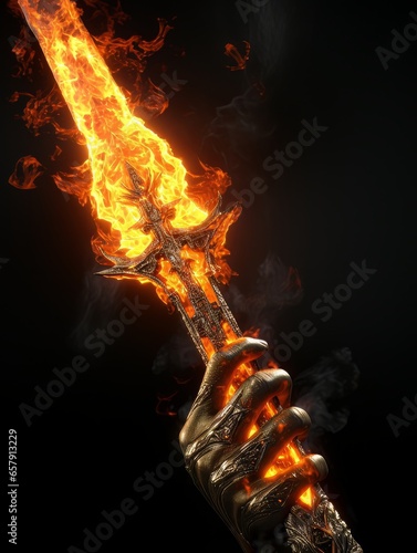 Fire sword in a male warrior's hand. AI