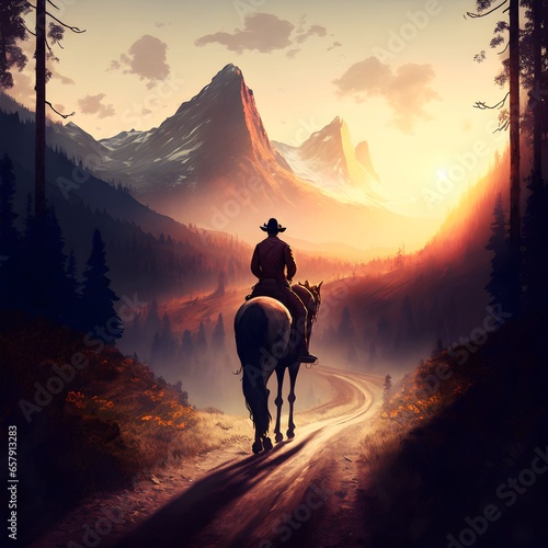A lonely cowboy riding to sunset, Generative AI illustrations © Heisenberg1992
