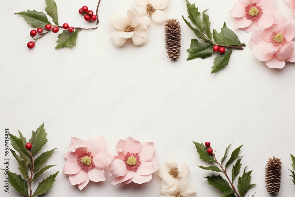 Christmas border made of Christmas decoration, green branches and winter flowers on white background.  Flat lay, top view, copy space.