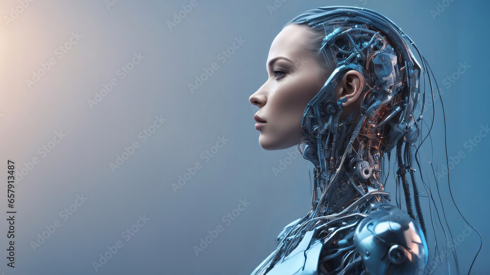 Young female detailed cyborg with mechanisms and wires in head against digital technological background, Artificial intelligence concept, Generative AI
Young female detailed cyborg with mechanisms and wires in head against digital technological background, Artificial intelligence concept, Generative AI