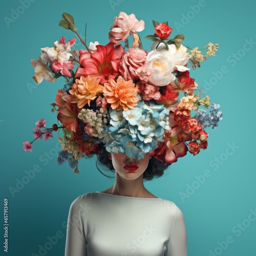 Abstract portrait of a beautiful woman with a wreath of colorful fresh spring flowers. Floral spring concept.  © LyubaAlex