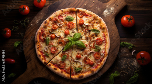 the best pizza in the world, on a wooden table. soft light, top view