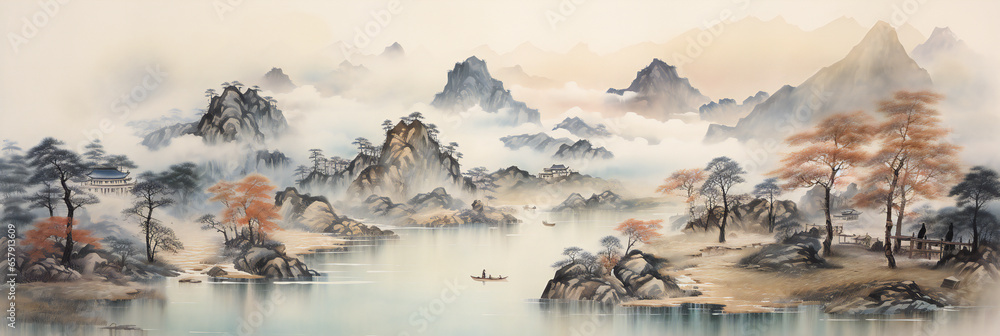 watercolor oriental landscape with lake and mountains 