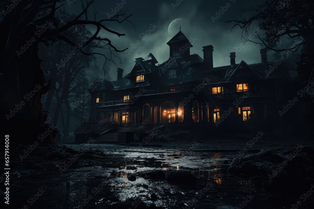 Eerie portrayal of an orphanage on a dark rainy night, encapsulating an atmosphere of suspense and mystery