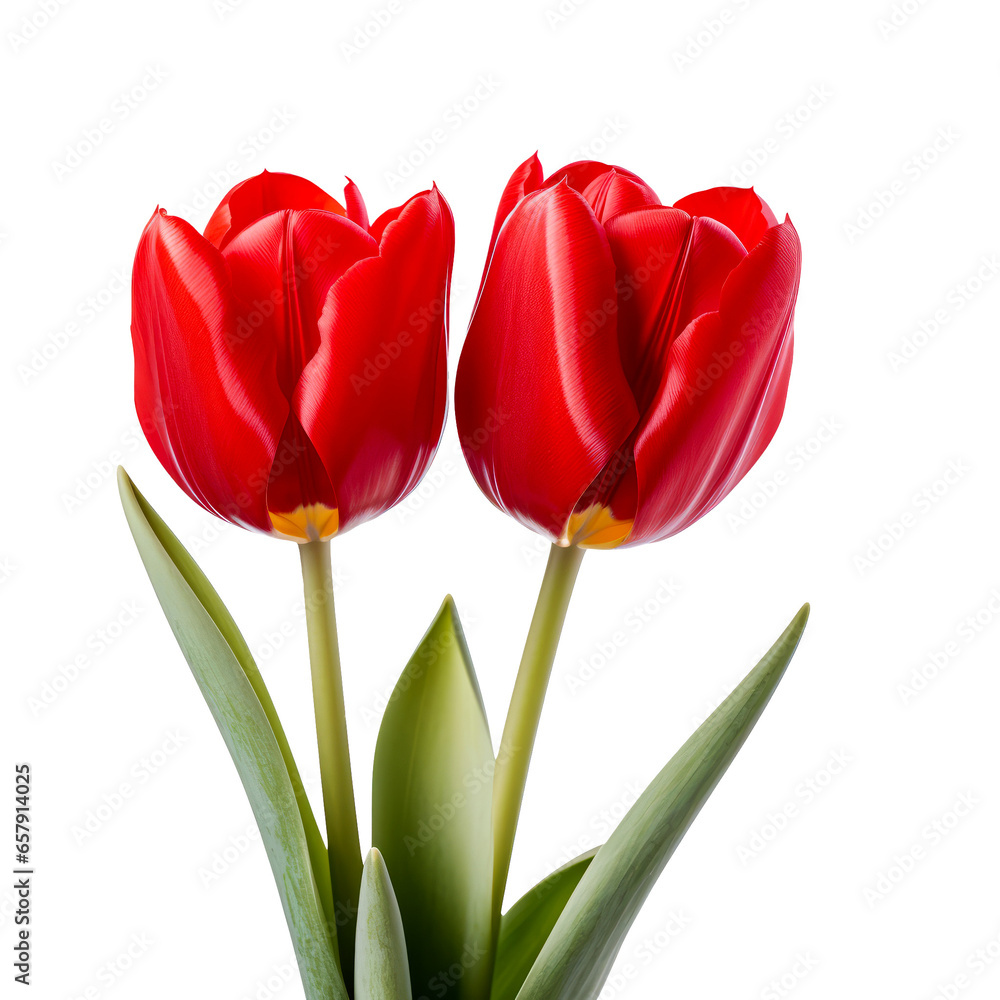Red tulips in full bloom, isolated on transparent white background