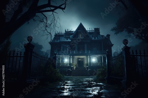 Eerie portrayal of an orphanage on a dark rainy night, encapsulating an atmosphere of suspense and mystery photo
