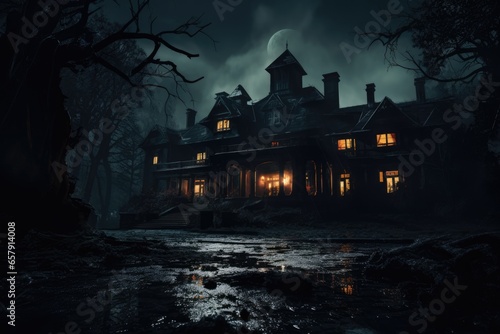 Eerie portrayal of an orphanage on a dark rainy night, encapsulating an atmosphere of suspense and mystery