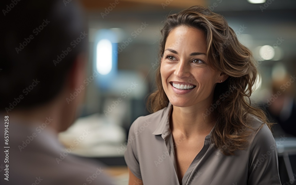A smiling woman as she is speaking to a customers, modern office environment as a background. Generative AI A smiling woman as she is speaking to a customers, modern office environment as a background. Generative AI
