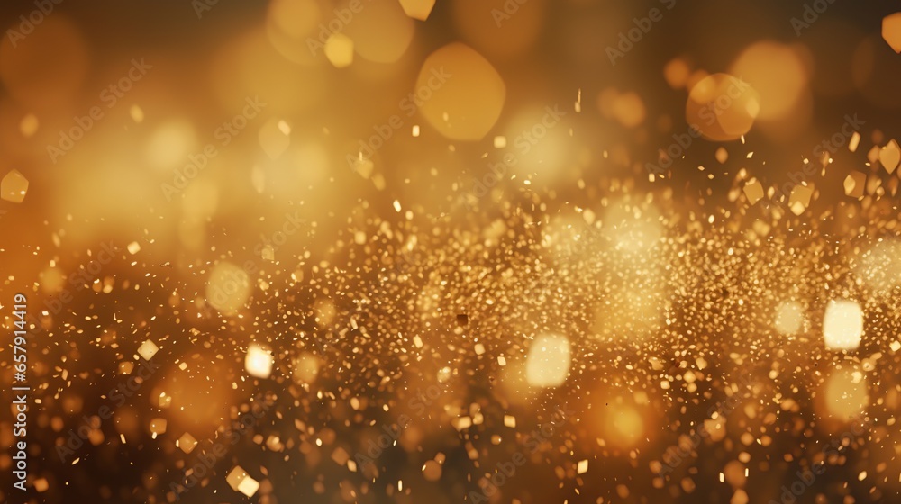Luxury gold defocused background for Christmas and new year with glitters. A luxurious and opulent impression is created by the beautifully blurred background of glistening gold particles.