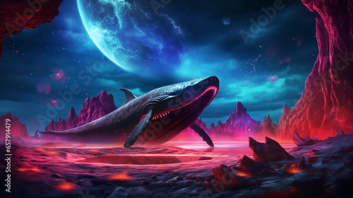 Fantasy dream, space fairy tale background with huge whale flying in night neon sky. ai generative