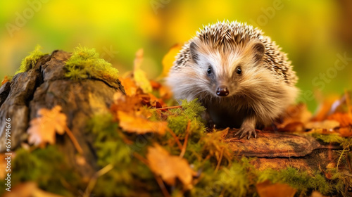Hedgehog. Wild, native, European hedgehog in Autumn foraging on a fallen log. ai generative photo
