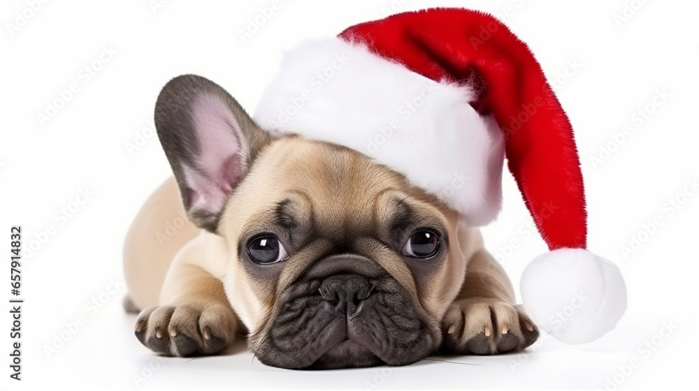 little french bulldog with santa claus hat isolated on white background. ai generative