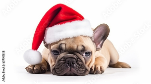 little french bulldog with santa claus hat isolated on white background. ai generative © We3 Animal