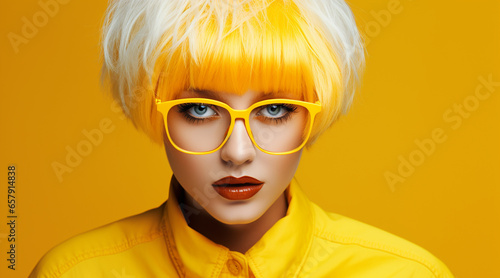 a girl with yellow hair wearing glasses, Place for your text, Digital Minimalism © MariaJos