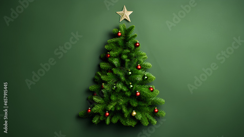 Flat lay of decorative Christmas tree. Plain color background.