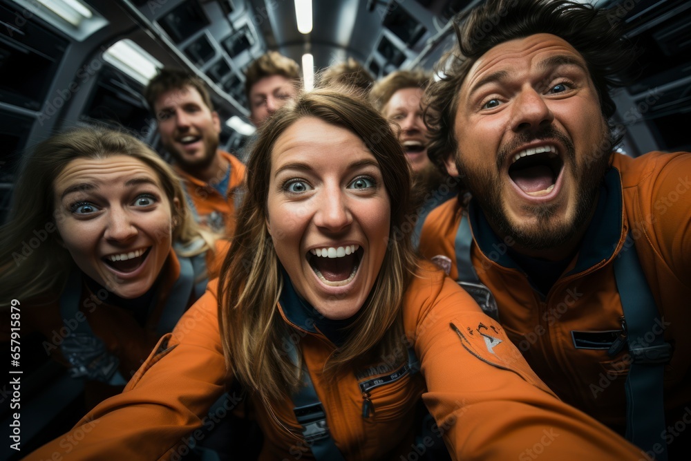 A group of excited space tourists floating in microgravity inside a spacious spacecraft cabin, experiencing the thrill of weightlessness - obrazy, fototapety, plakaty 