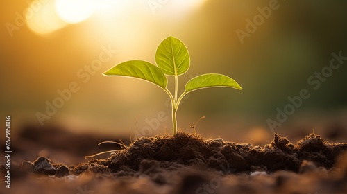 A flourishing green plant growing in fertile soil, isolated against a beautifully blurred backdrop with warm lighting. Ideal for backgrounds related to investment, business, and solitude.