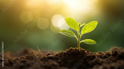A small, thriving green plant in fertile soil, standing alone with a beautifully blurred background and warm lighting. Suitable for backgrounds related to investment, business, and solitude.