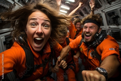 A group of excited space tourists floating in microgravity inside a spacious spacecraft cabin, experiencing the thrill of weightlessness