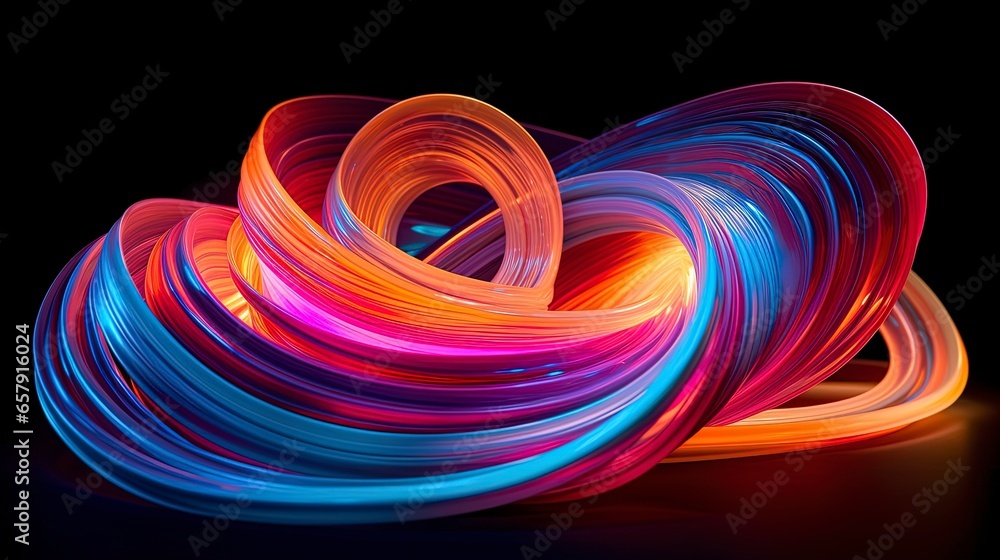 Abstract dark background with bright multicolored glowing neon shape. Futuristic energy concept. AI Generation