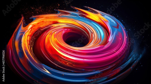 Abstract dark background with bright multicolored glowing neon shape. Futuristic energy concept. AI Generation