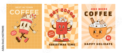 Set of retro cartoon Christmas hot drink posters. Coffee cup, cappuccino, latte, cocoa beverage mascot. Vector illustration. Print, flyer, invitation for cafeteria.