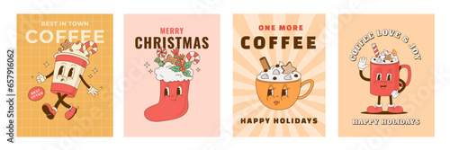 Set of retro cartoon Christmas hot drink and stocking posters. Funny coffee mug, cappuccino, latte, beverage mascot. Vector illustration. Print, flyer, invitation for cafeteria.