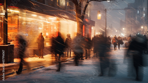 Snowfall on srteet with people motion blur view , concept of Blurred motion  photo