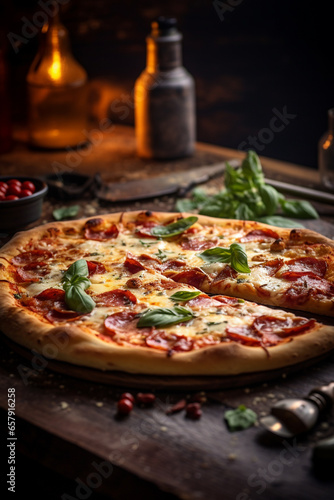 the best pizza in the world, on a wooden table. soft light