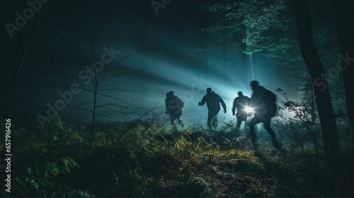 Searching for a missing person in the night woods , concept of lost person