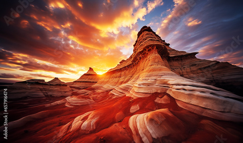 Landscape at sunrise, colorful clouds, view of circular patterns in petrified red rock sandstone, weather erosion, geology, natures artwork photo