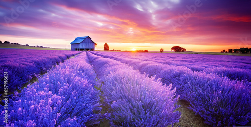 Purple lavender farm with violet and yellow clouds sunset field of violet flowers leading to old wood barn 