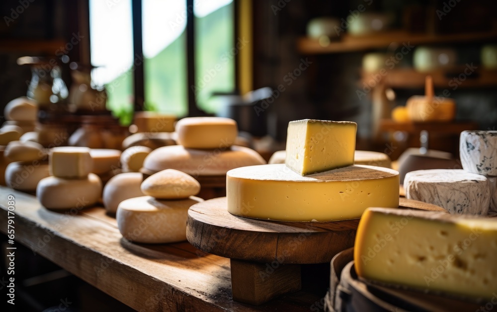 Fresh organic cheeses in a farm store. Generative AI