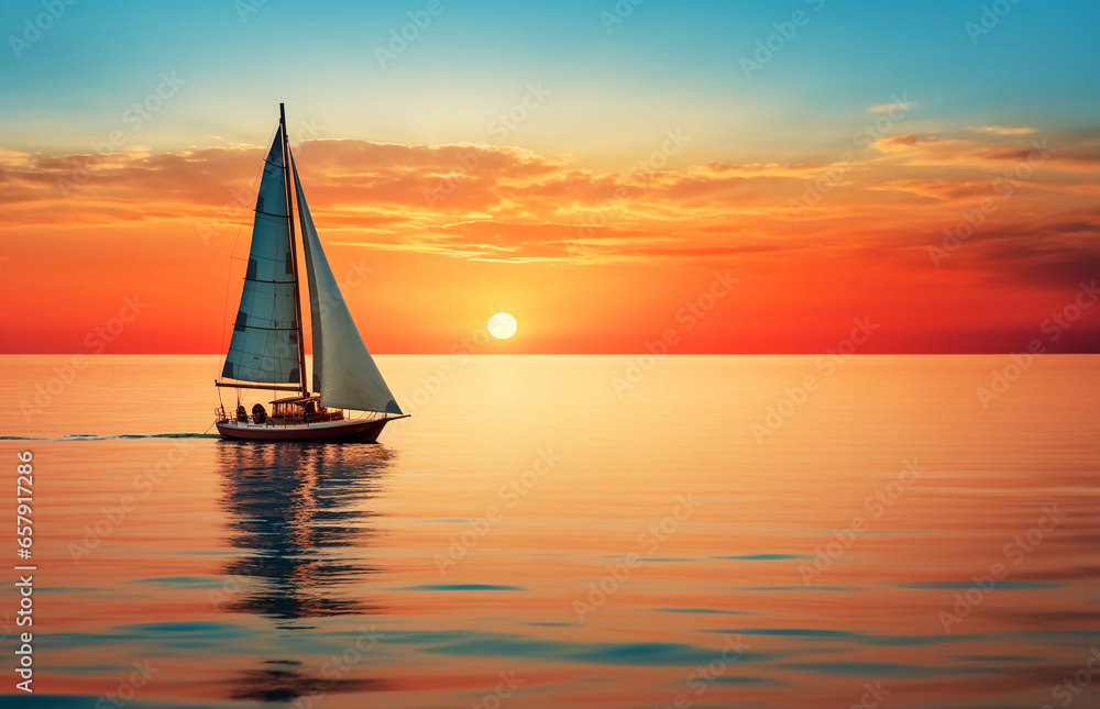 Sailboat sailing along the ocean at sunset on calm waters sailing against a colorful sky