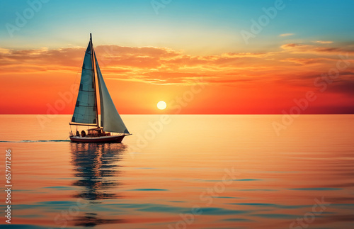 Sailboat sailing along the ocean at sunset on calm waters sailing against a colorful sky