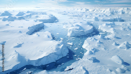 Aerial view of Antarctica, scenery of ice, snow and water in ocean
