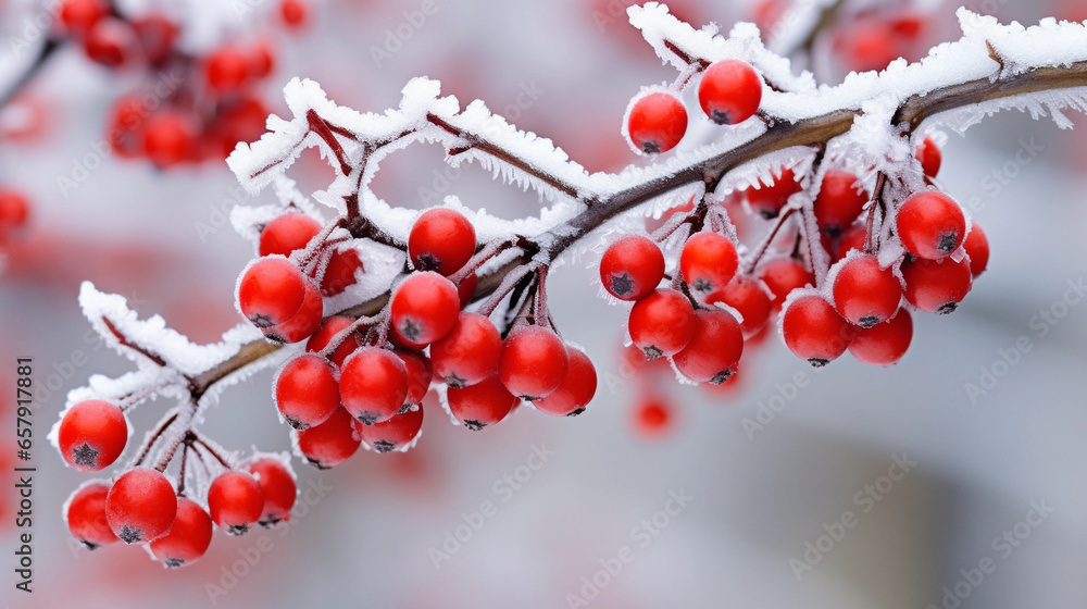 delicate snowflakes resting on the vibrant red berries of a holly bush