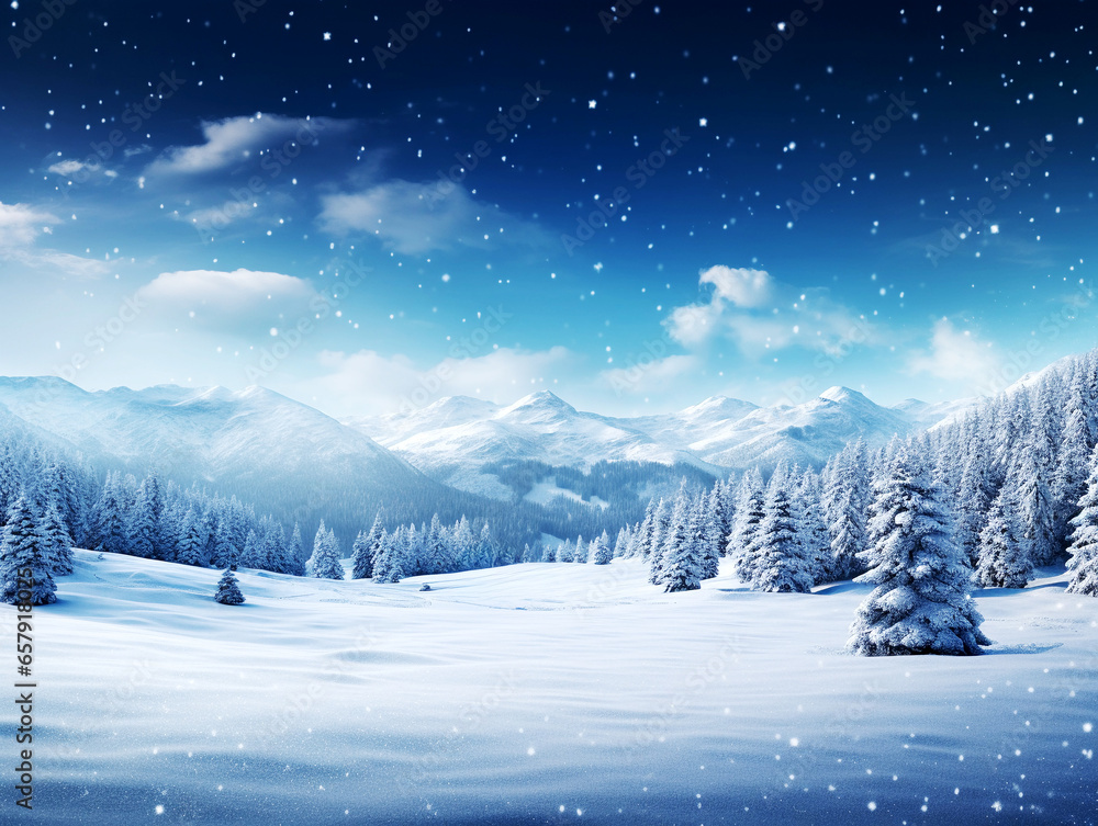Fototapeta premium Beautiful winter with fresh powder snow landscape with spruce trees, blue starry sky, and high alpine mountain background
