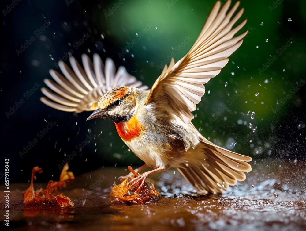 Obraz premium Robin in flight in beautiful light with backlight coming through wings
