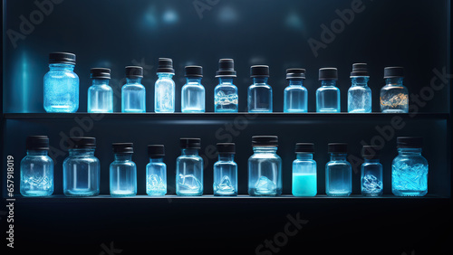 Test tubes with liquid against blurred background, closeup. Laboratory analysis