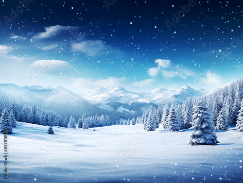 Beautiful winter with fresh powder snow landscape with spruce trees, blue starry sky, and high alpine mountain background © Feathering Flower