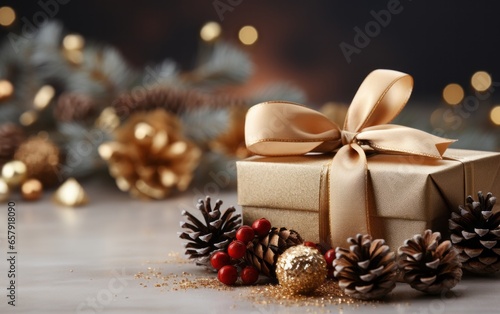 Composition of Christmas decorations on light golden background with beautiful golden gift box with red ribbon, fir branches, cones, stars, Christmas cookies, cinnamon