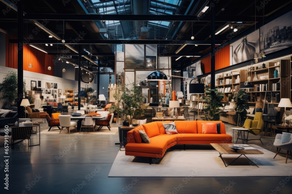 Obraz na płótnie Discover modern interior design at its finest. This bright and luxurious showroom features contemporary furniture, stylish decor, and comfortable pieces, perfect for your home or business. w salonie